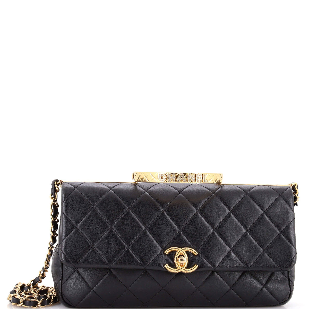 Chanel Logo Quilted Metal Top Handle Flap Bag Quilted Lambskin with Metal and Crystals East West