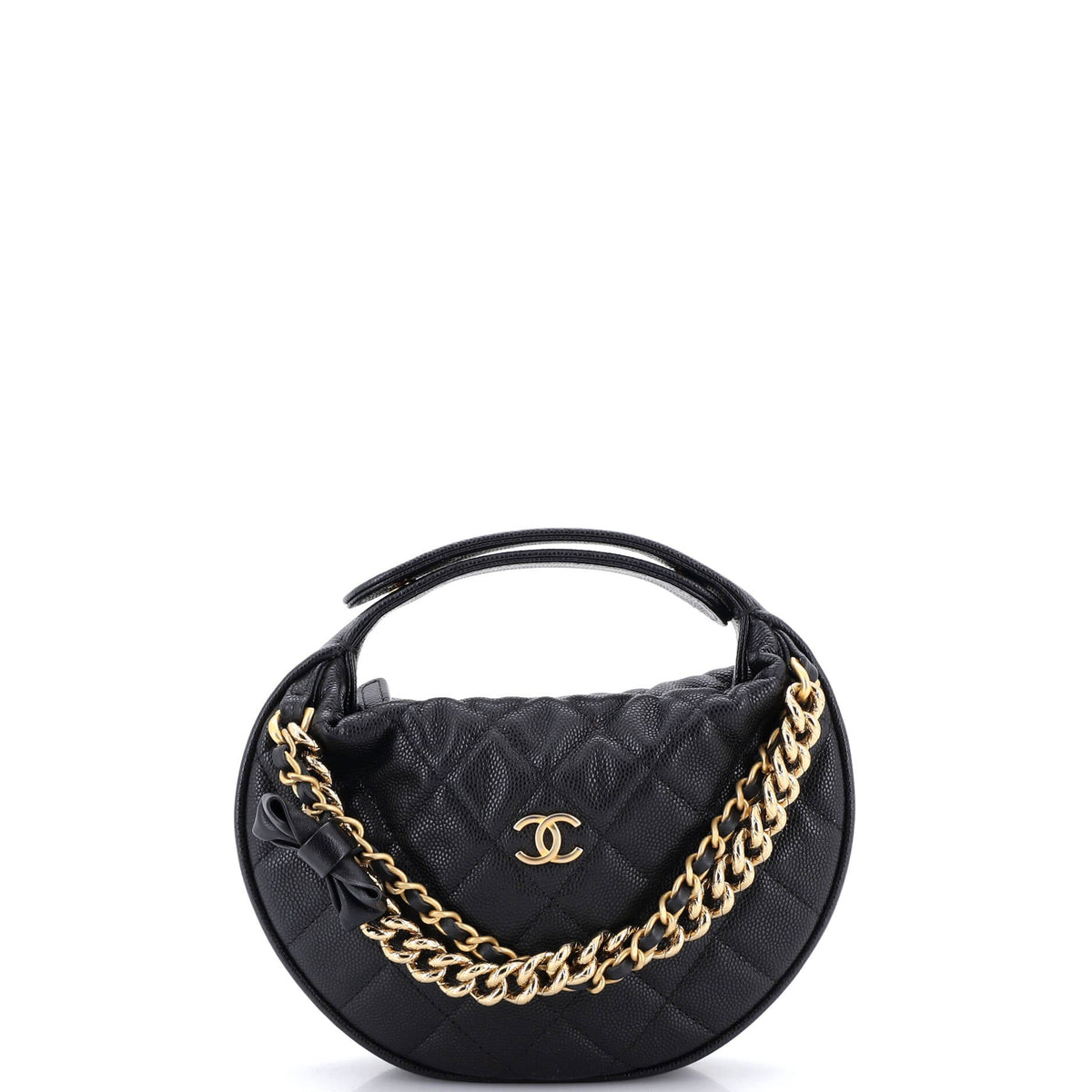 Chanel Double Chain Bow Hobo Pouch Quilted Caviar Mini