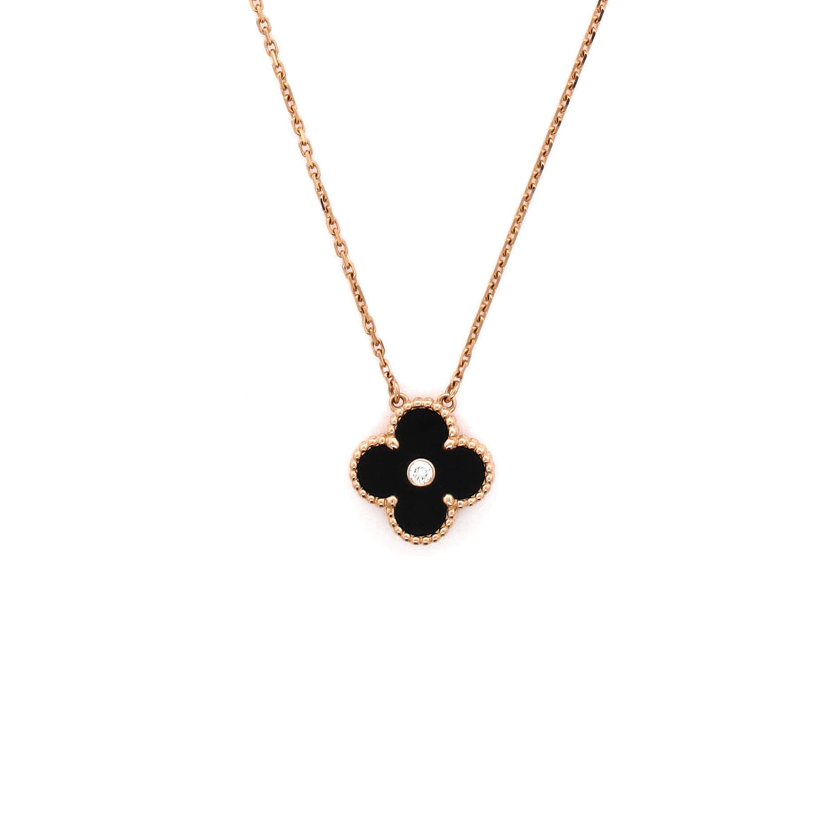 Van Cleef & Arpels Vintage Alhambra Pendant Necklace 18K Rose Gold and Onyx with Diamond