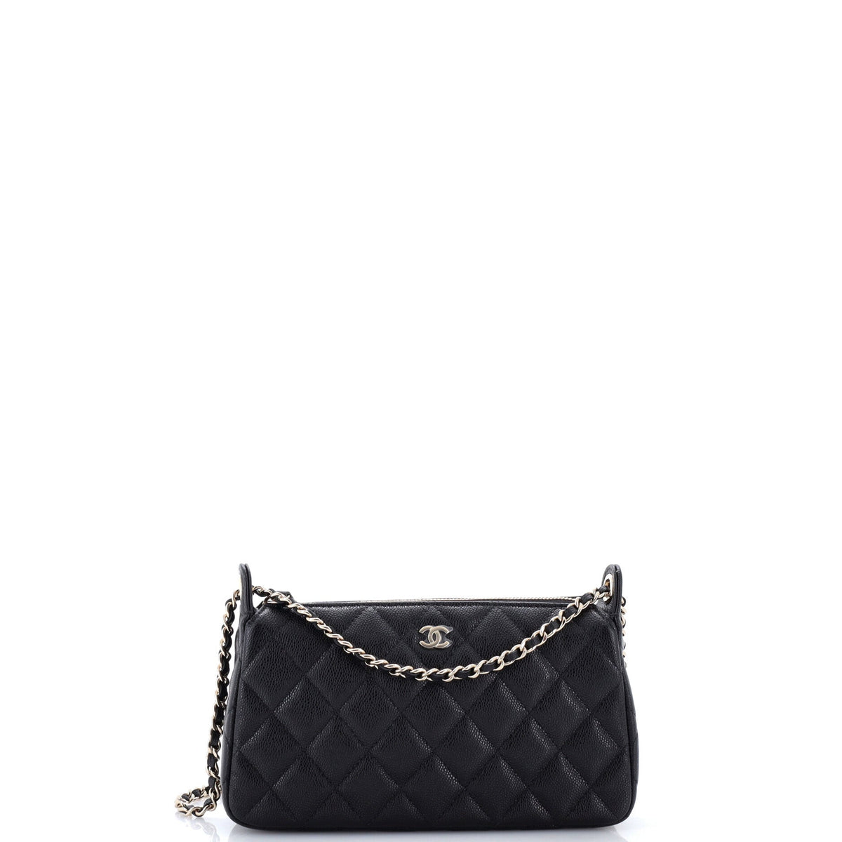 Chanel CC Double Chain Zip Clutch with Chain Quilted Caviar Small