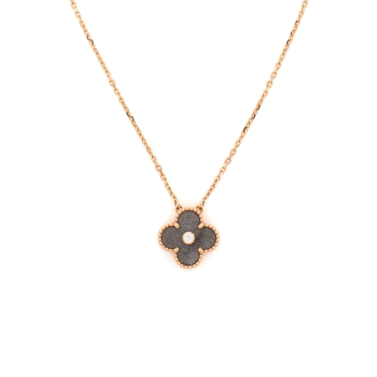 Van Cleef & Arpels Vintage Alhambra Pendant Necklace 18K Rose Gold and Silver Obsidian with Diamond