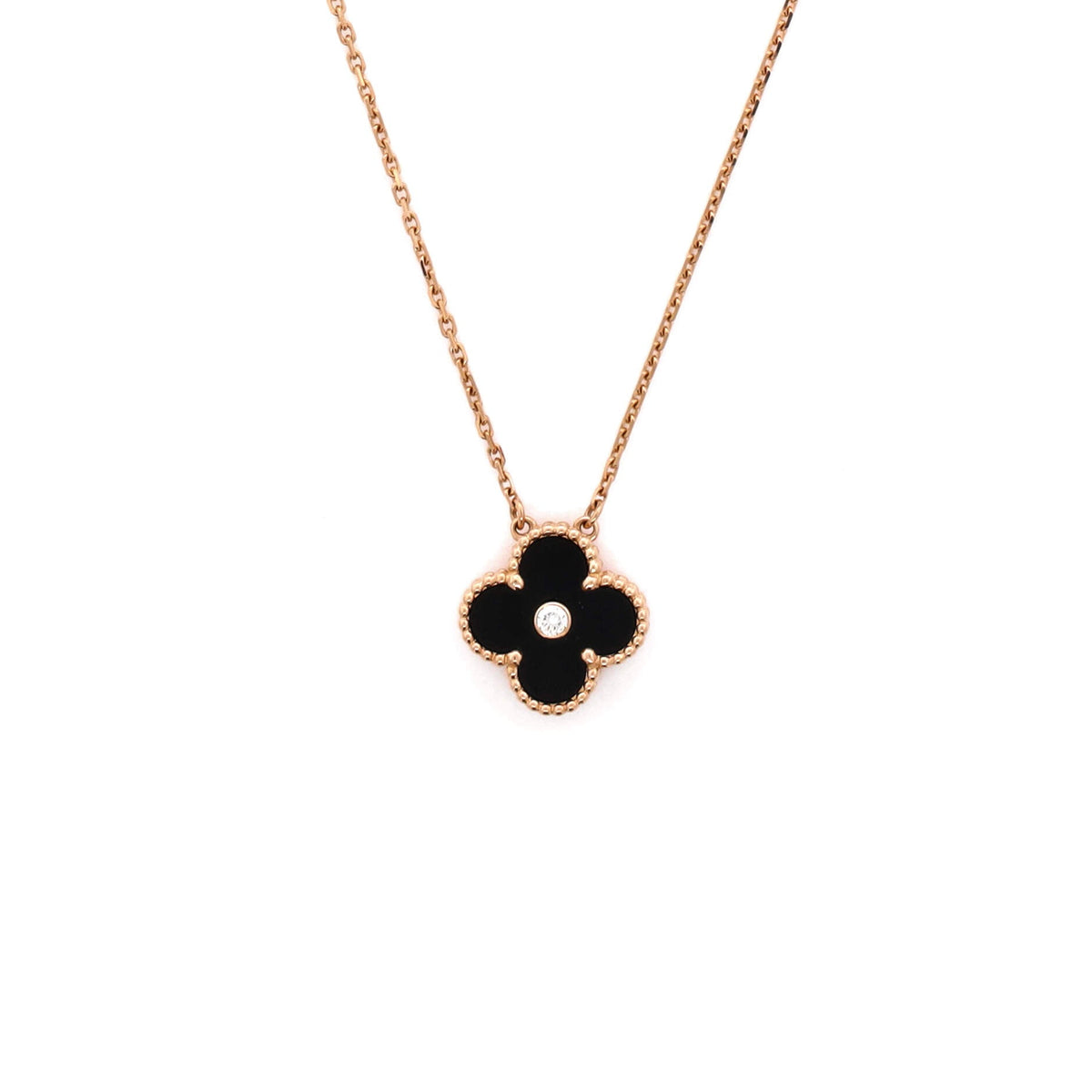 Van Cleef & Arpels Vintage Alhambra Pendant Necklace 18K Rose Gold and Onyx with Diamond