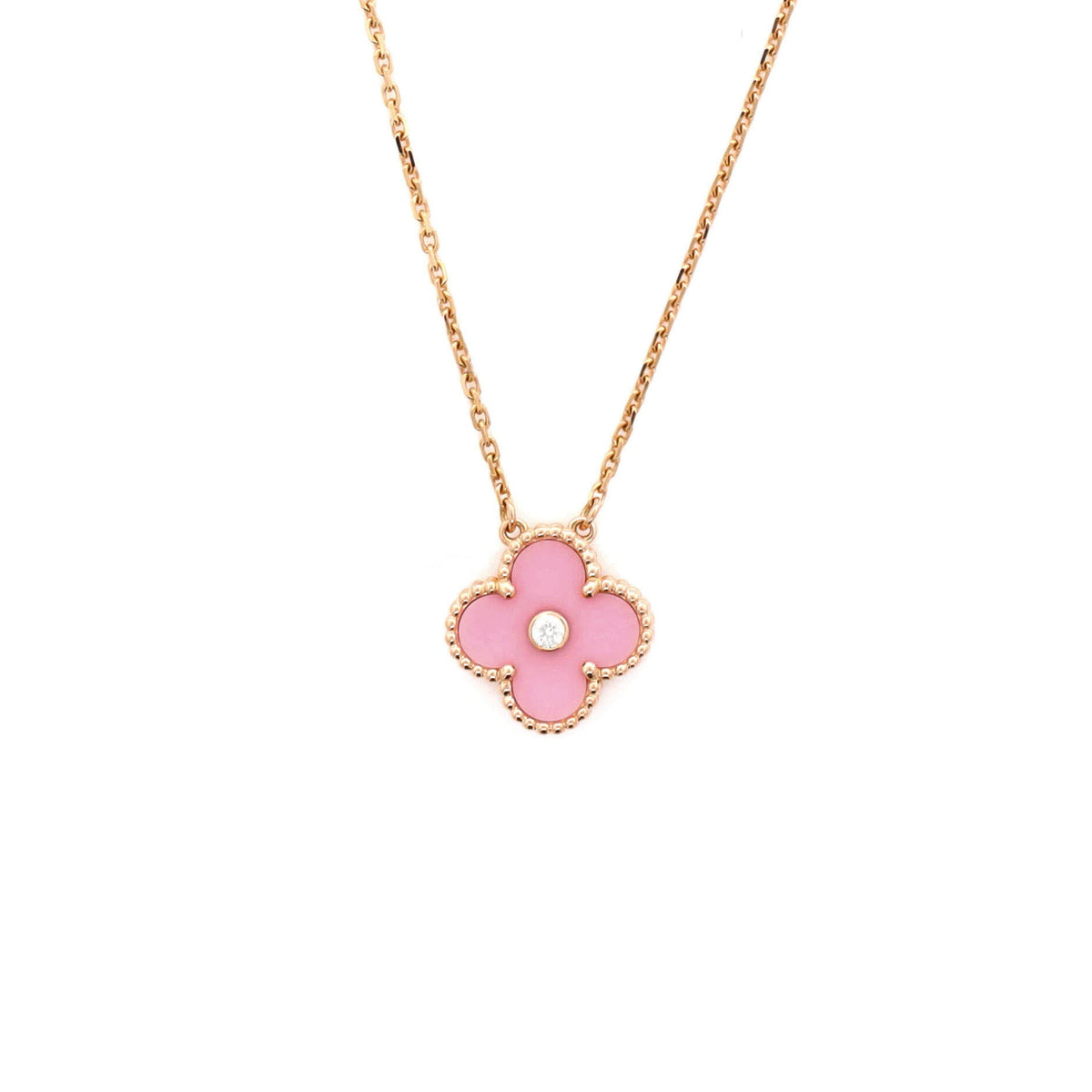 Van Cleef & Arpels Vintage Alhambra Pendant Necklace 18K Rose Gold and Pink Sevres Porcelain with Diamond