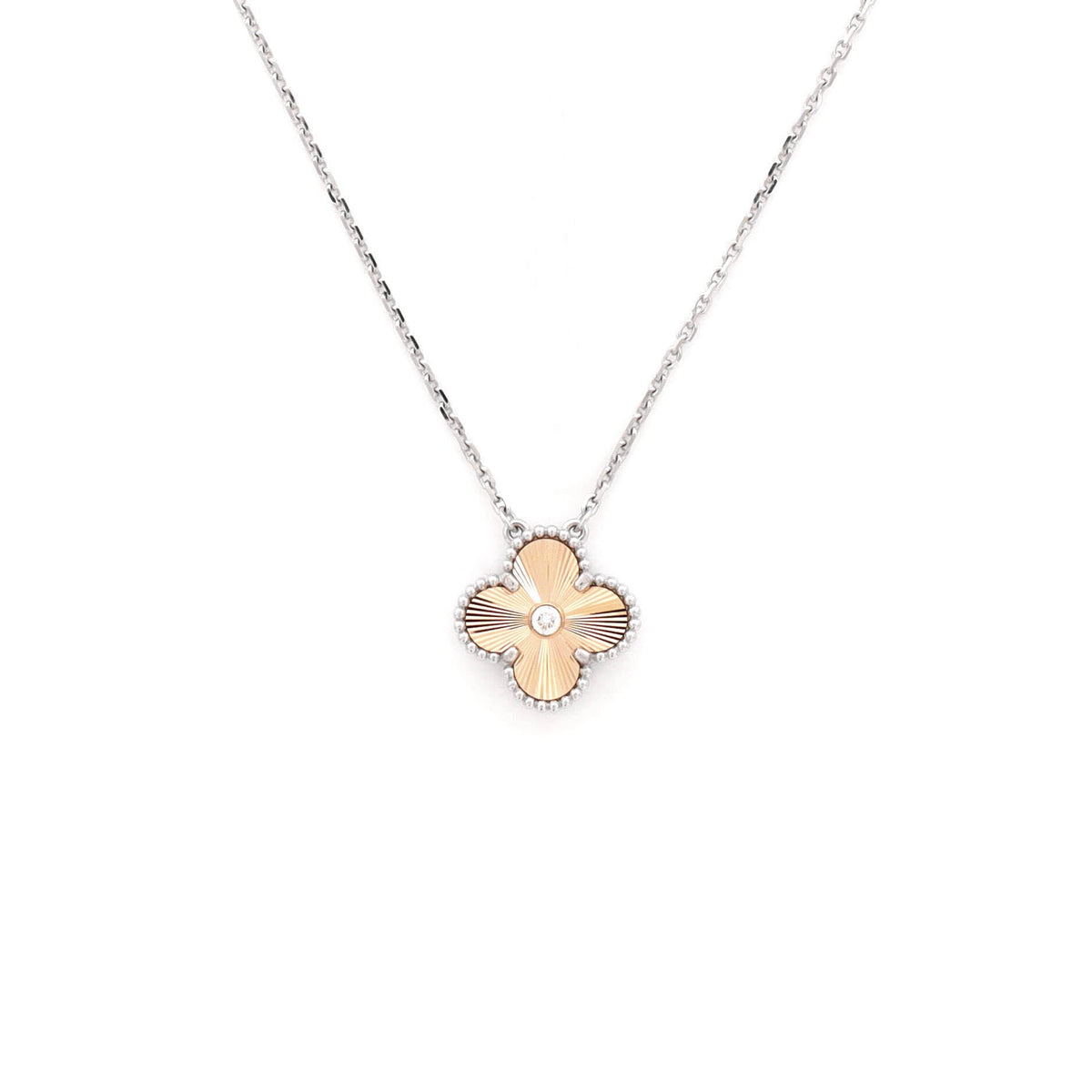 Van Cleef & Arpels Vintage Alhambra Pendant Necklace 18K White Gold and Guilloche 18K Rose Gold with Diamond