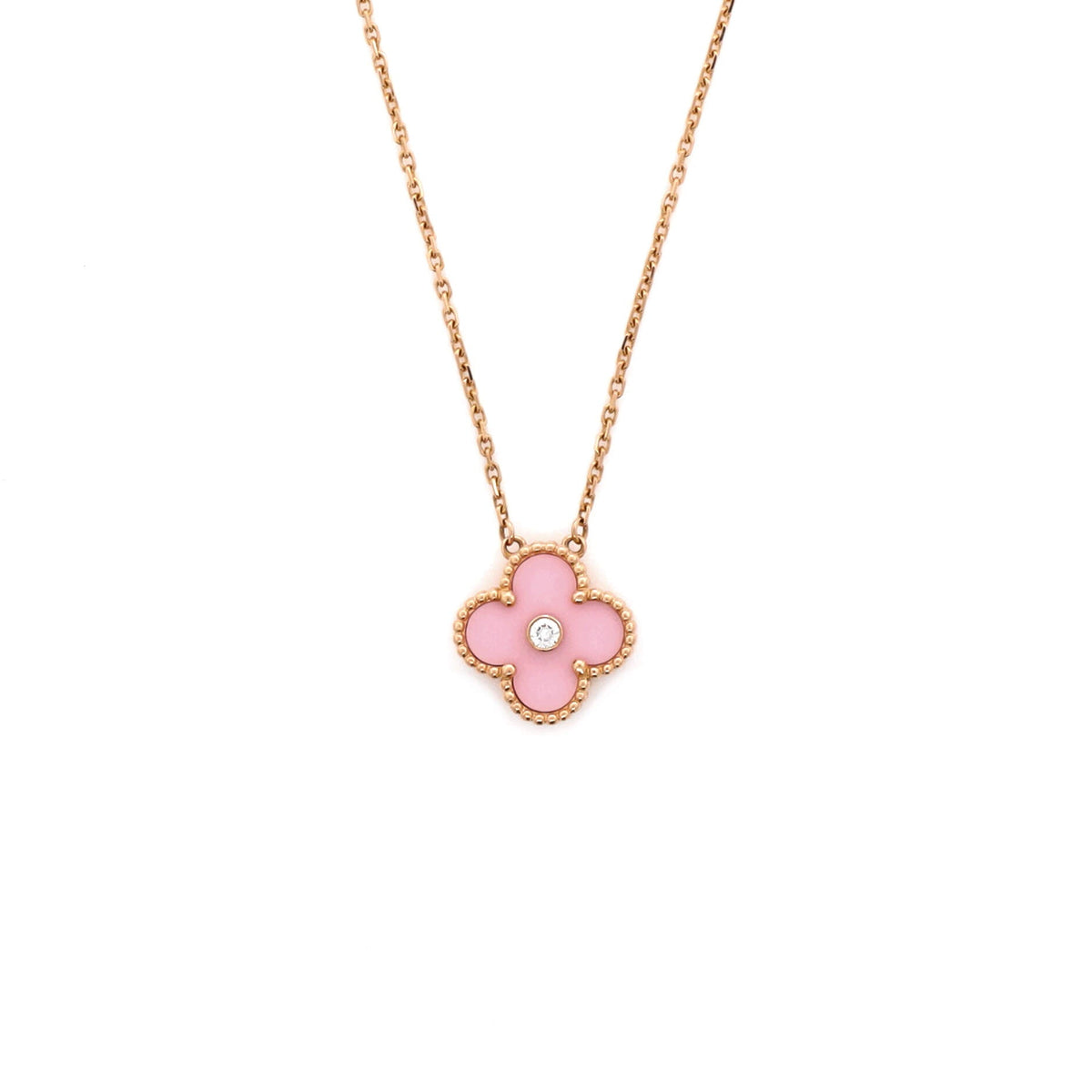 Van Cleef & Arpels Vintage Alhambra Pendant Necklace 18K Rose Gold and Pink Sevres Porcelain with Diamond