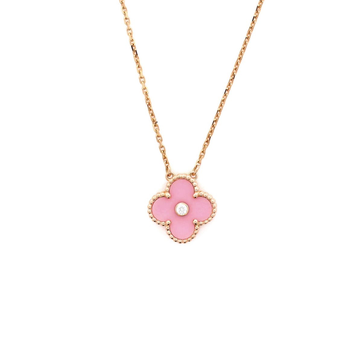 Van Cleef & Arpels Vintage Alhambra Pendant Necklace 18K Rose Gold and Pink Sevres Porcelain with Diamond