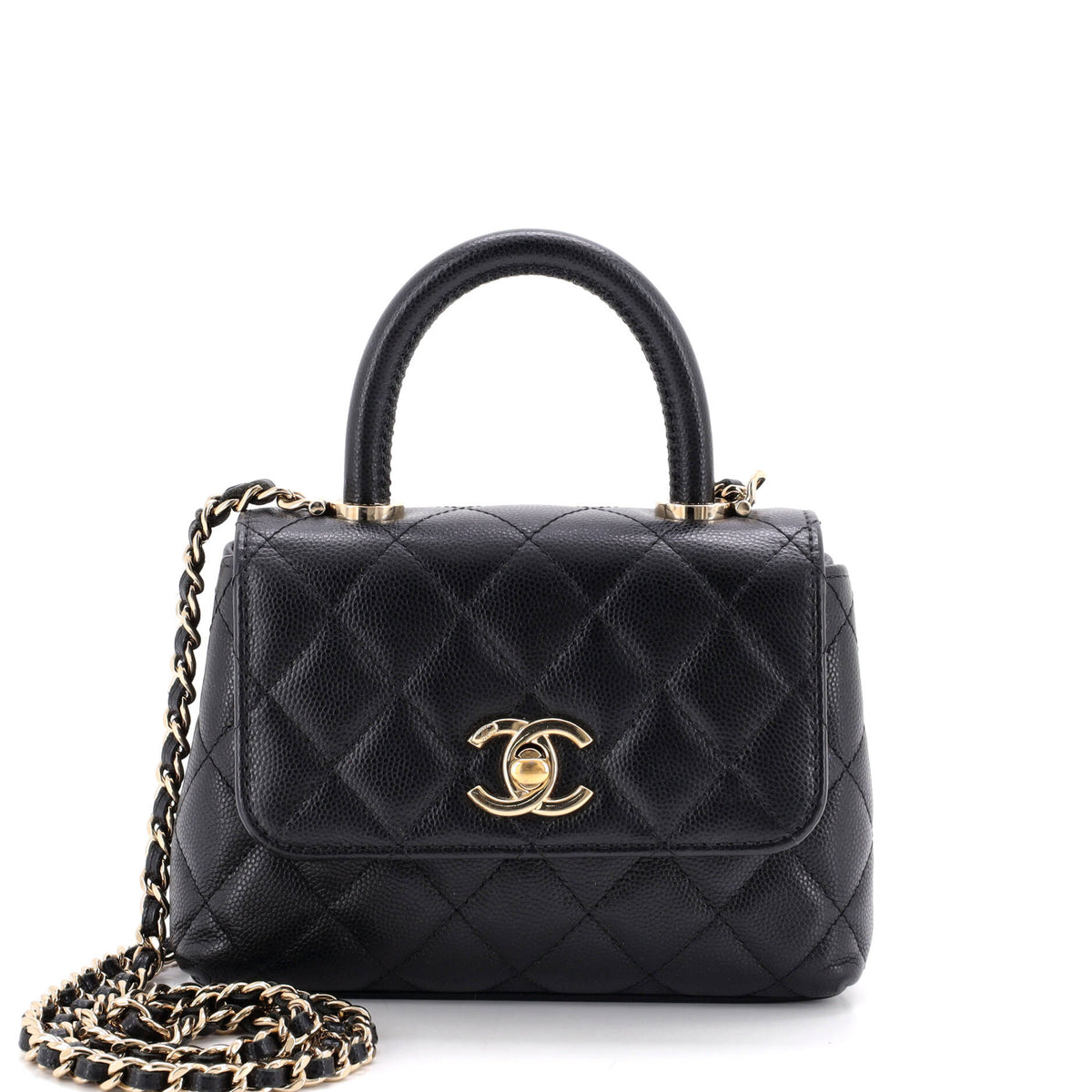 Chanel Coco Top Handle Clutch with Chain Quilted Caviar Mini