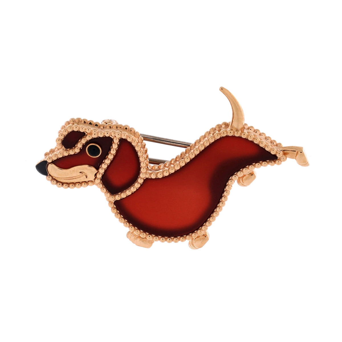Van Cleef & Arpels Lucky Animals Dachshund Brooch 18K Rose Gold with Carnelian and Onyx