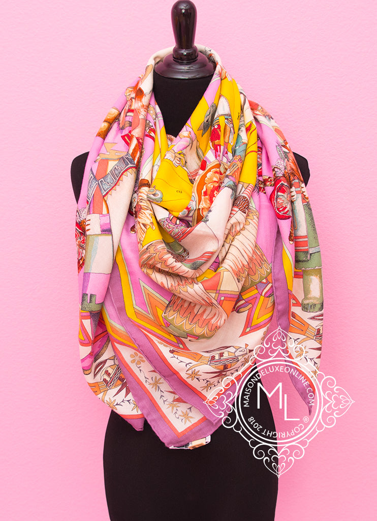 Hermes Hermes "Kachinas" Pink Yellow Cashmere 140 GM Shawl Scarf