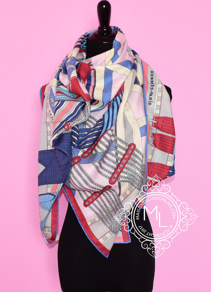 Hermes Hermes "Sangles en Zigzag" Red Blue Cashmere 140 GM Shawl Scarf