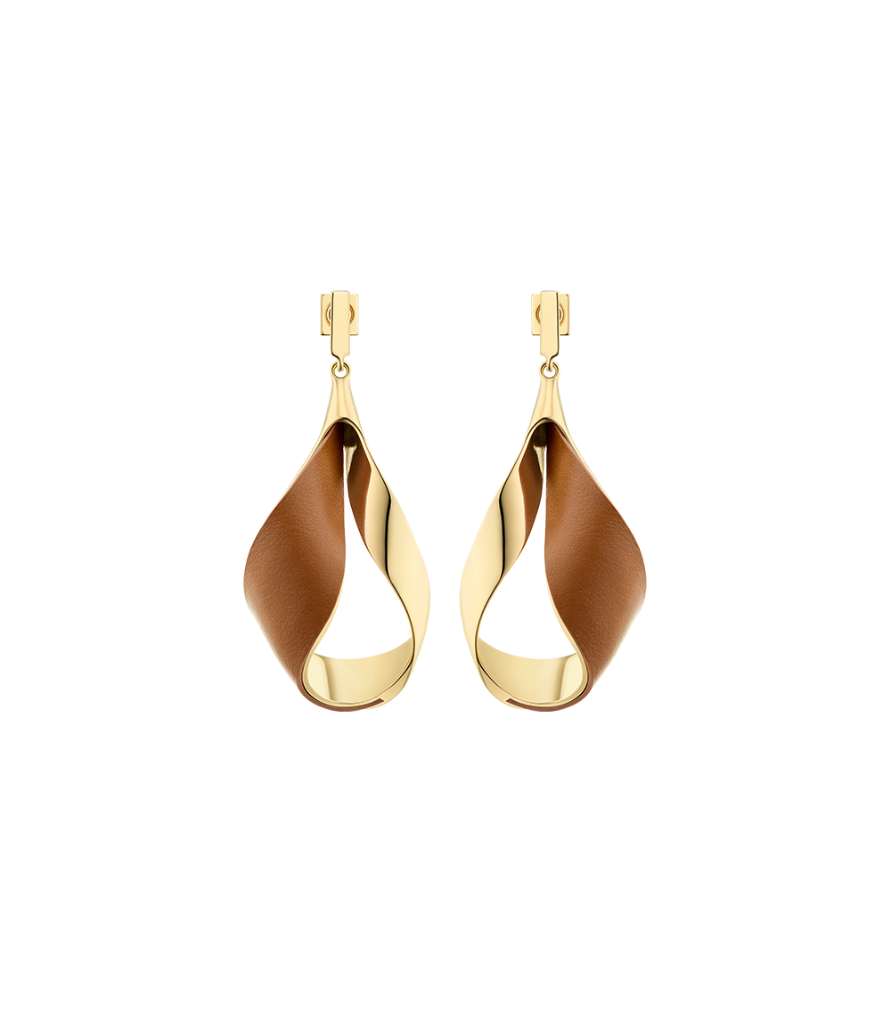 Polène Ormé Pendant Earrings - Gold Gilded with Camel Leather