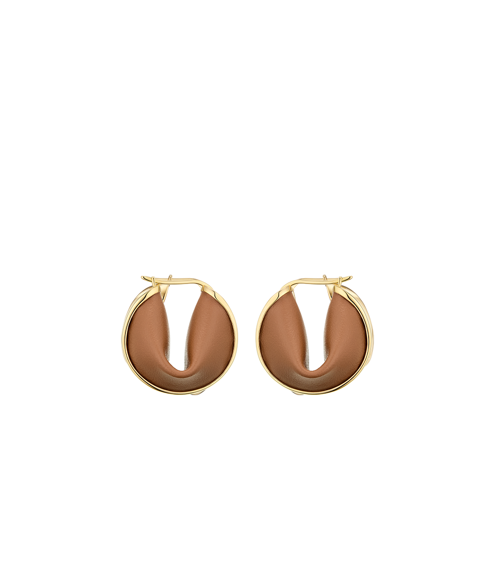 Polène Ormé Hoop Earrings - Gold Gilded with Camel Leather
