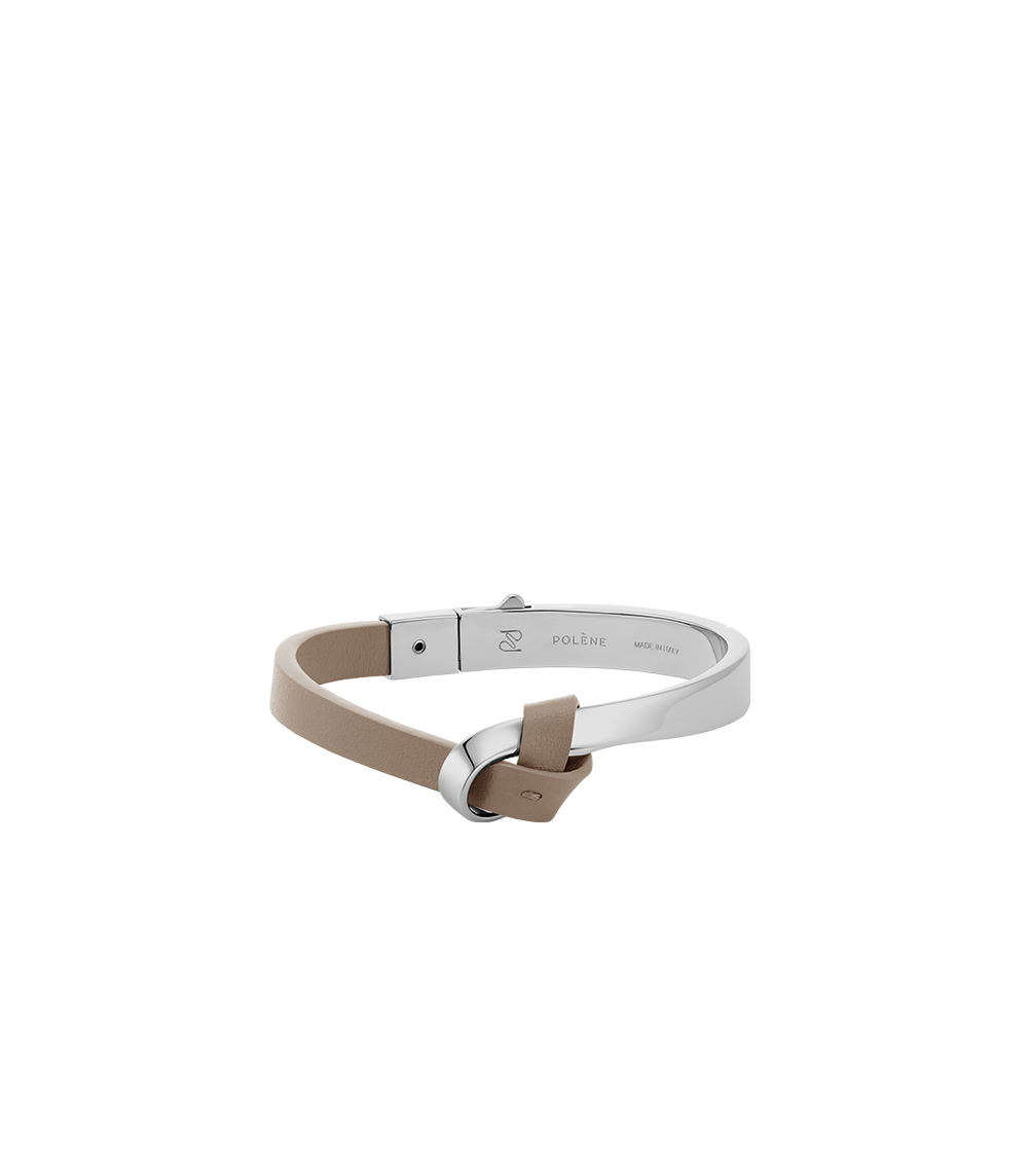 Polène Ormé Bangle - Silver in rhodium with Taupe Leather