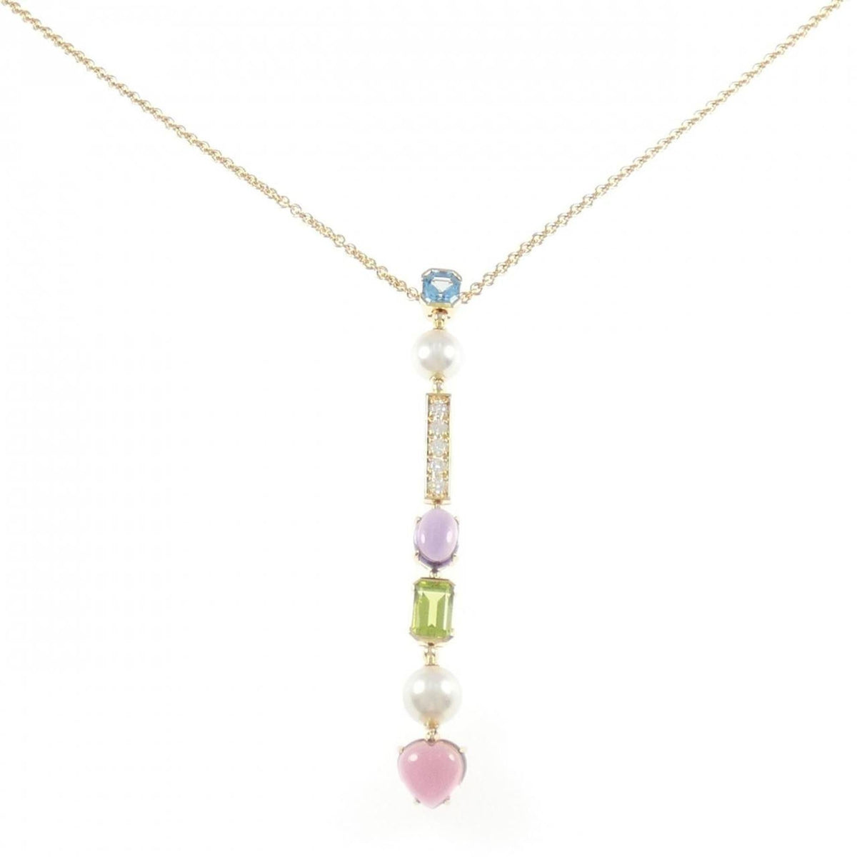 Pendant Necklace 18K Yellow Gold with Amethyst and Diamond and Pearl and Peridot and Topaz and Tourmaline