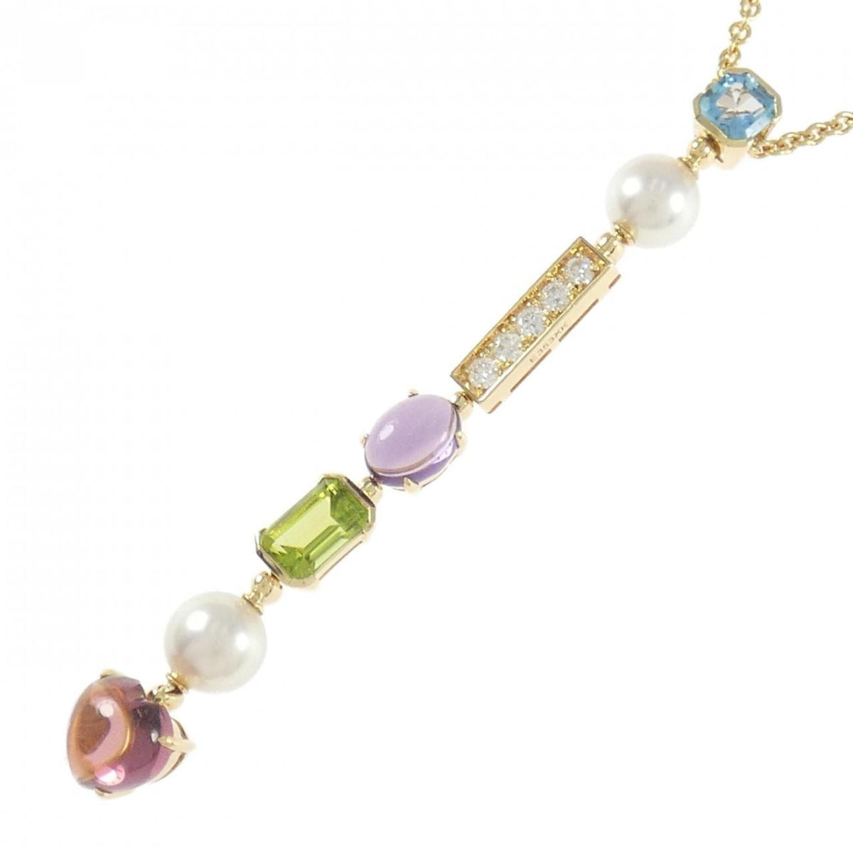 Pendant Necklace 18K Yellow Gold with Amethyst and Diamond and Pearl and Peridot and Topaz and Tourmaline