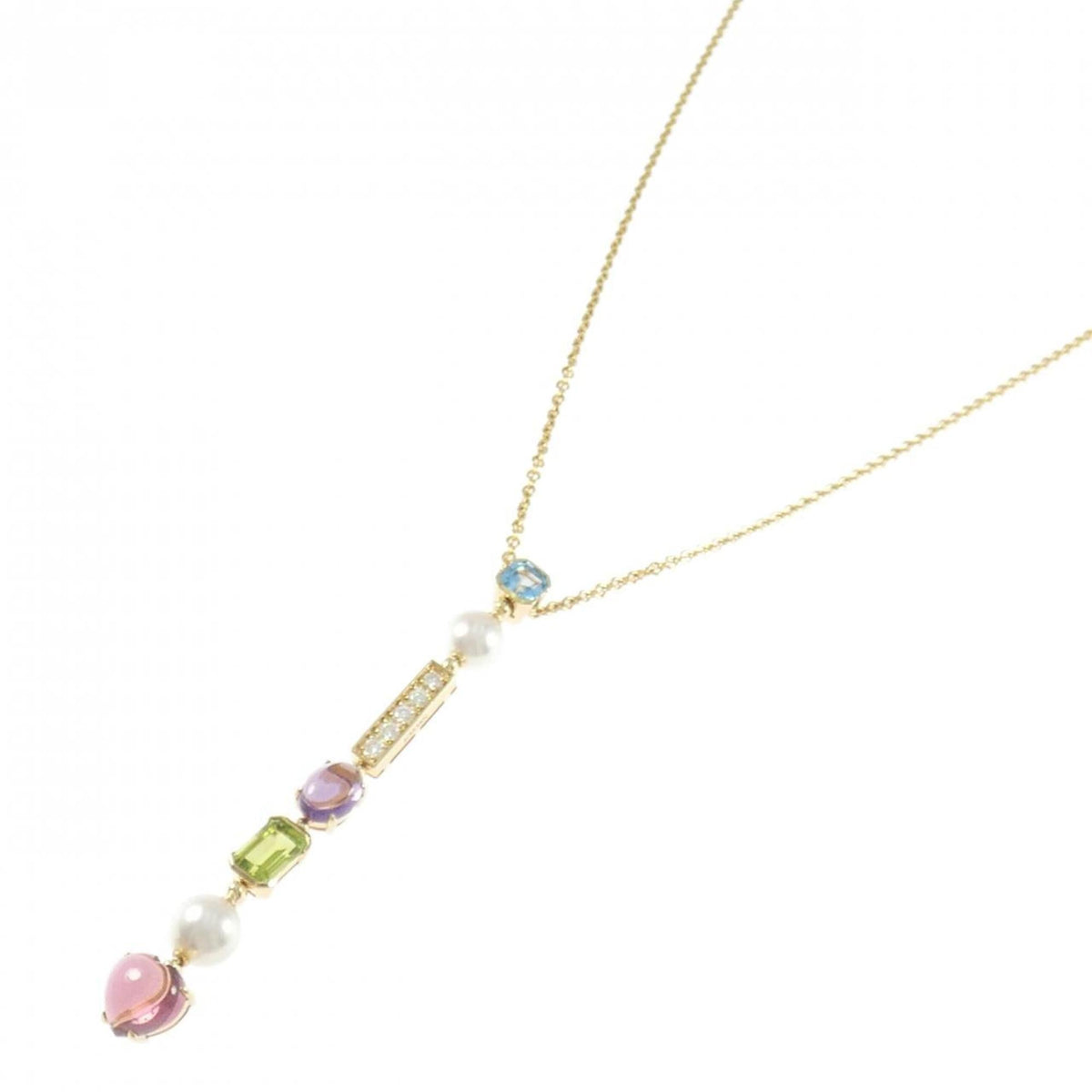 Pendant Necklace 18K Yellow Gold with Amethyst and Diamond and Pearl and Peridot and Topaz and Tourmaline