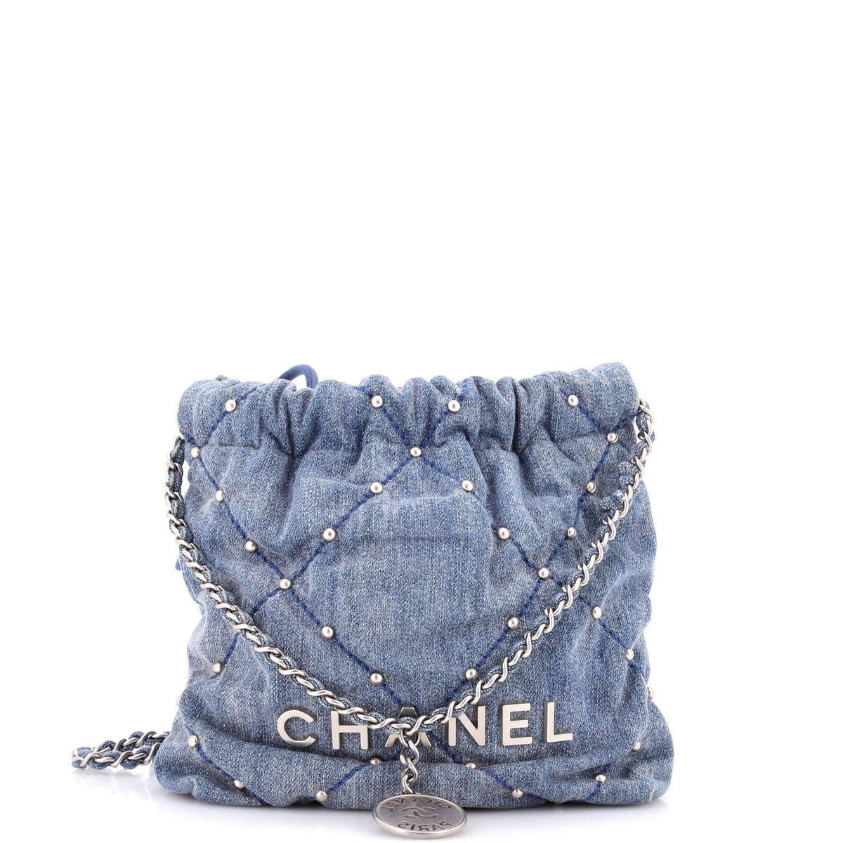 Chanel 22 Chain Hobo Quilted Studded Denim Mini