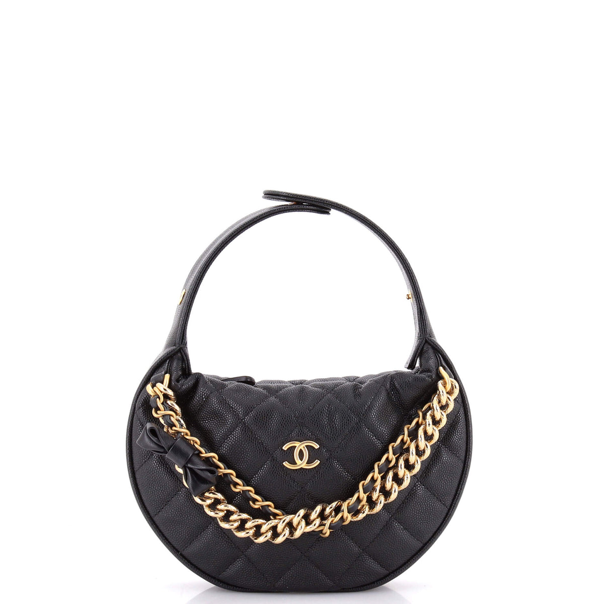 Chanel Double Chain Bow Hobo Pouch Quilted Caviar Mini