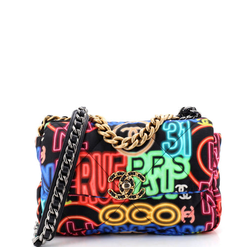 Chanel 19 Flap Bag Quilted Graffiti Print Fabric Medium