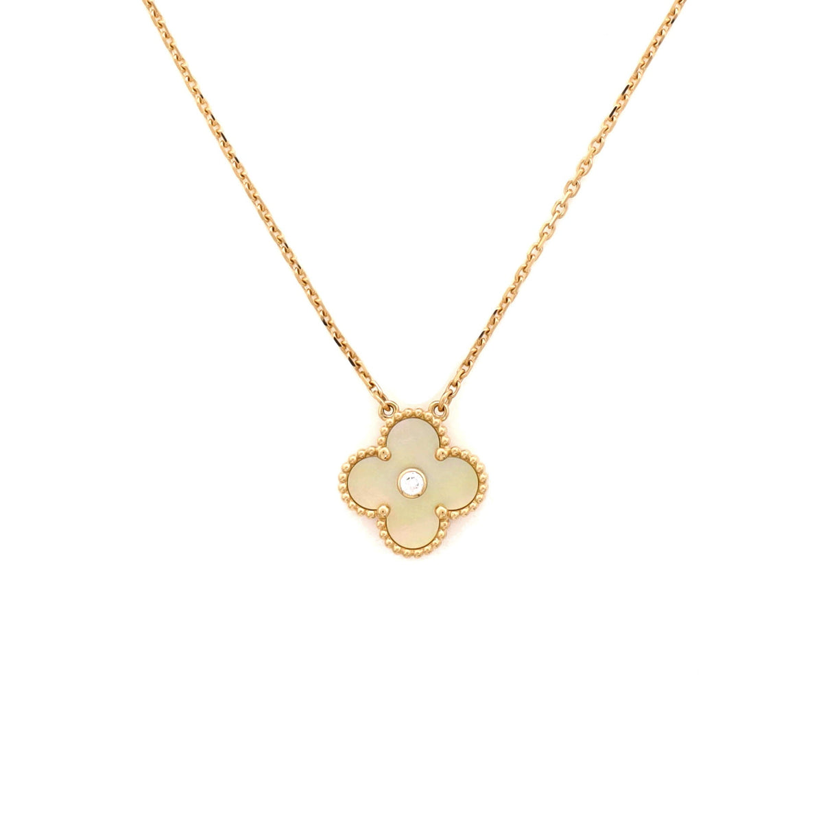 Van Cleef & Arpels Vintage Alhambra Pendant Necklace 18K Yellow Gold and Gold Mother of Pearl with Diamond