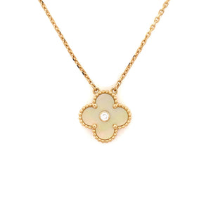Van Cleef & Arpels Vintage Alhambra Pendant Necklace 18K Yellow Gold and Gold Mother of Pearl with Diamond - view 3