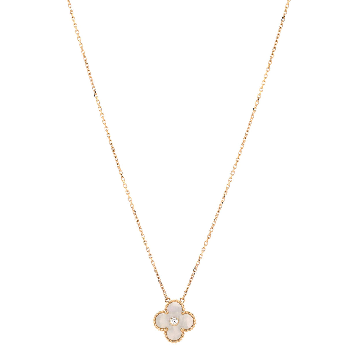 Van Cleef & Arpels Vintage Alhambra Pendant Necklace 18K Yellow Gold and Gold Mother of Pearl with Diamond