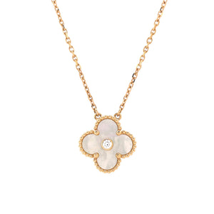 Van Cleef & Arpels Vintage Alhambra Pendant Necklace 18K Yellow Gold and Gold Mother of Pearl with Diamond - view 4