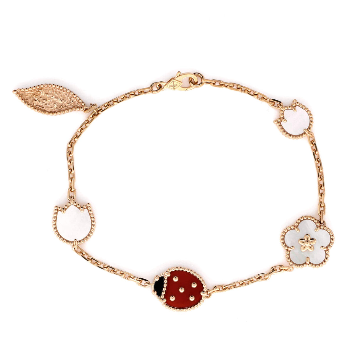 Van Cleef & Arpels Lucky Spring 5 Motifs Bracelet 18K Rose Gold and Mother of Pearl with Onyx and Carnelian