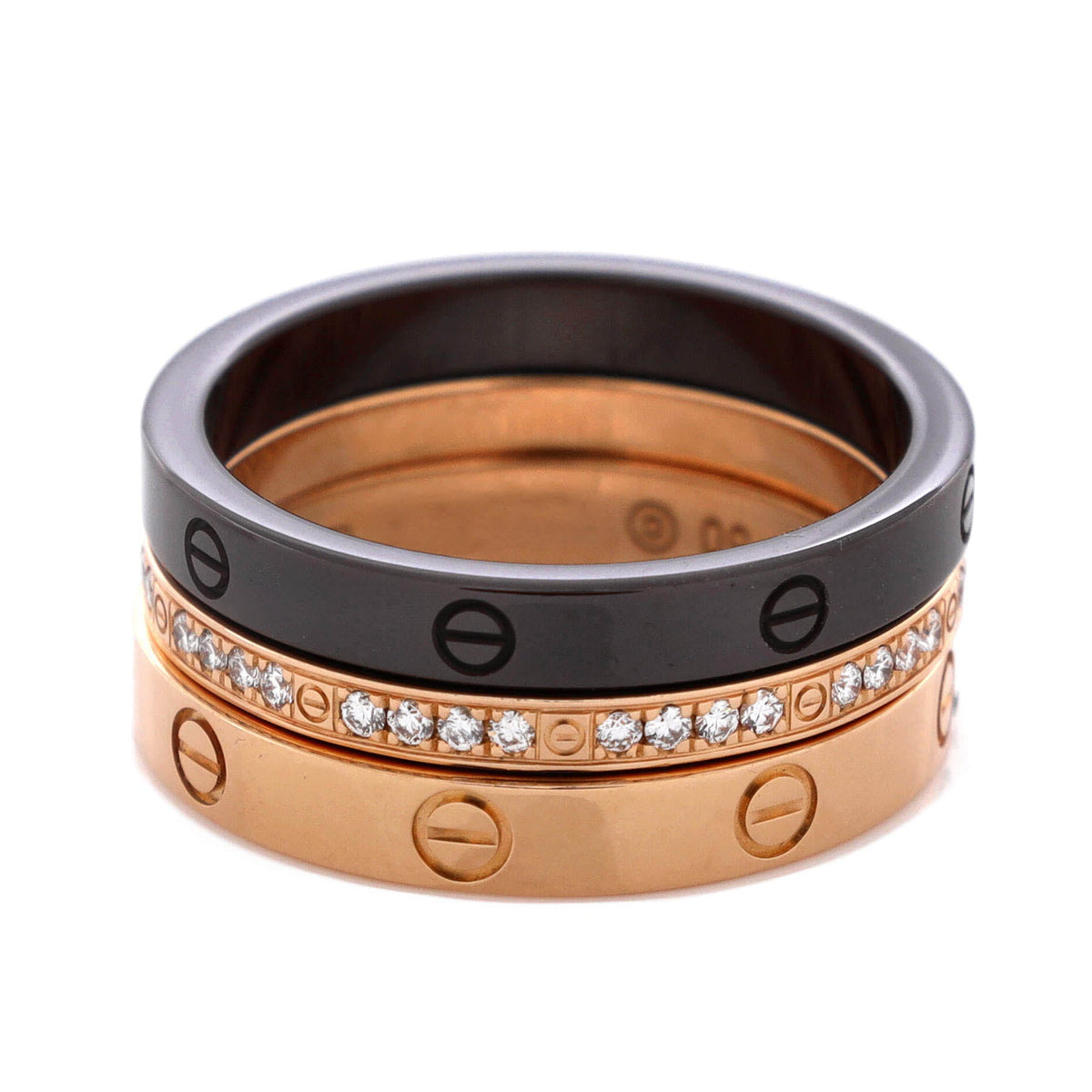Cartier Love Band 3 Ring Set 18K Rose Gold, Diamonds and Ceramic – view 3