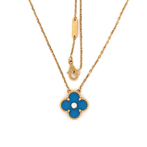 Van Cleef & Arpels Vintage Alhambra Pendant Necklace 18K Yellow Gold and Blue Sevres Porcelain with Diamond - view 2