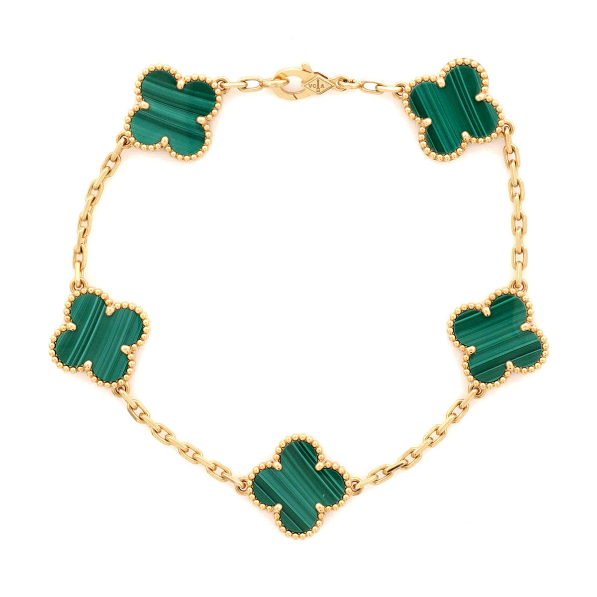Van Cleef & Arpels Vintage Alhambra 5 Motifs Bracelet 18K Yellow Gold and Malachite
