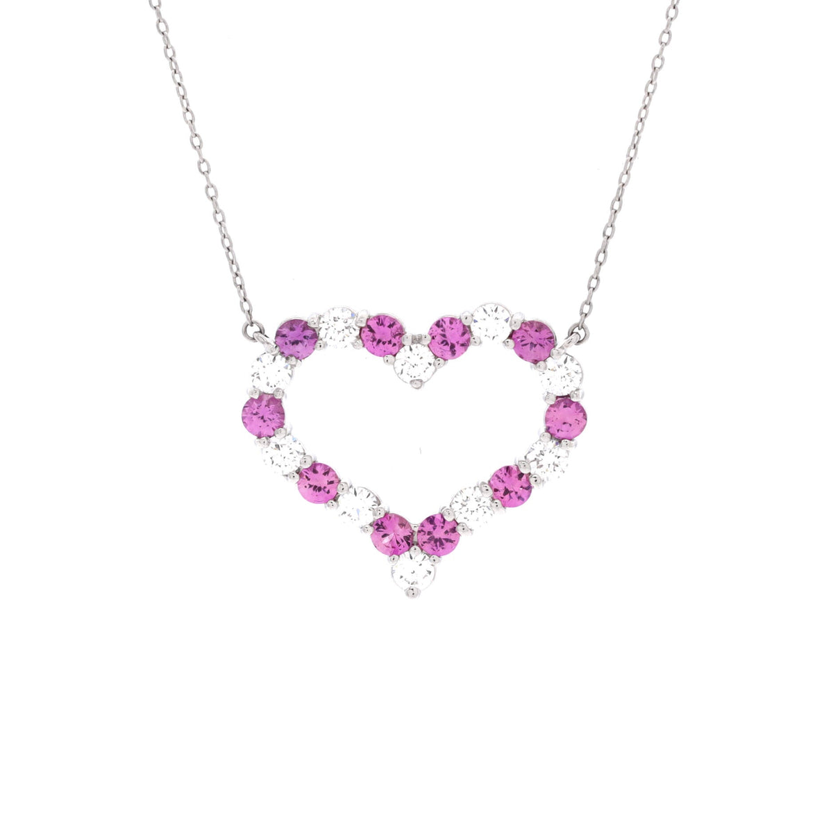 Heart Pendant Necklace Platinum with Diamonds and Pink Sapphires Large