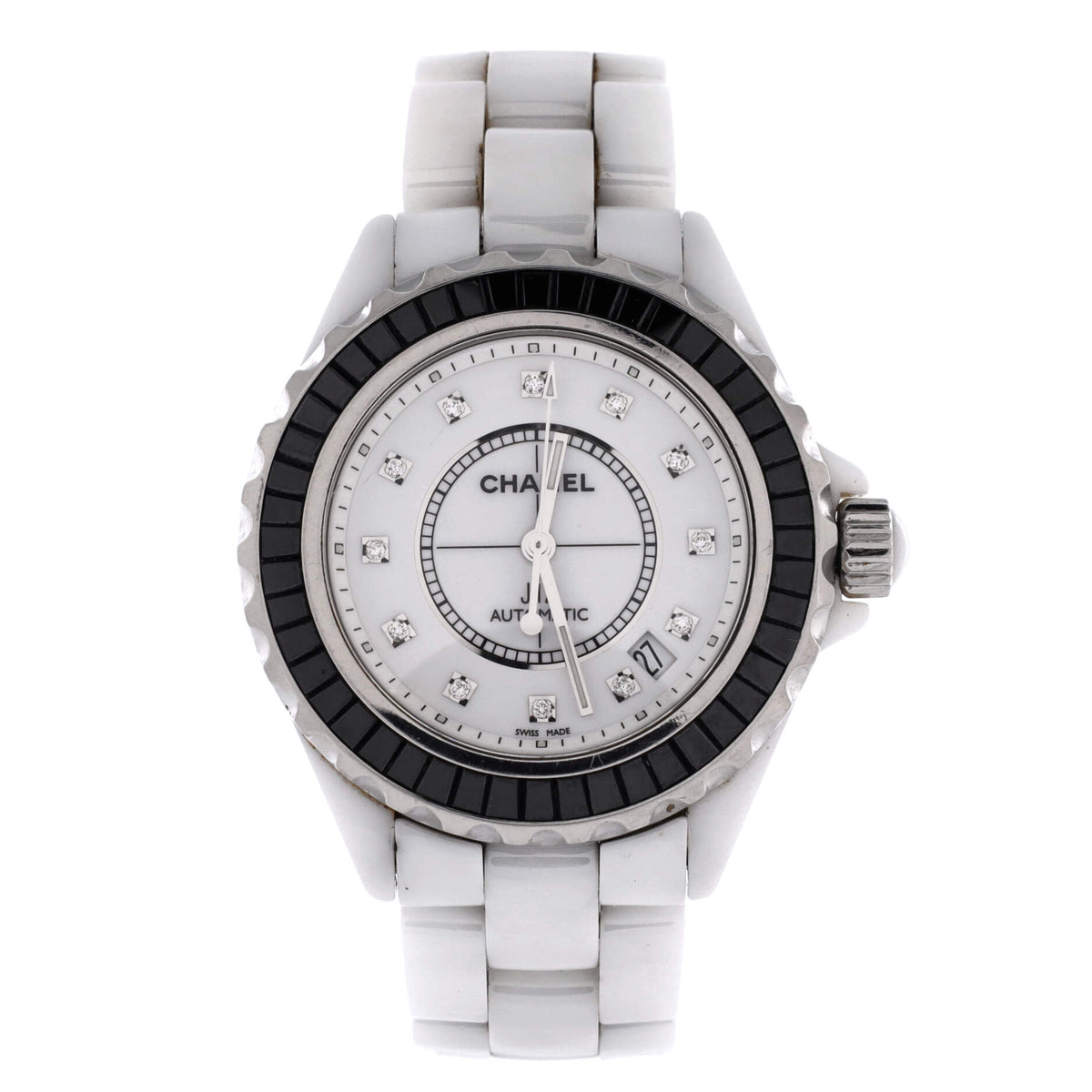 Chanel J12 Automatic Watch Ceramic and Stainless Steel with Diamond Markers and Baguette Patterned Bezel 38