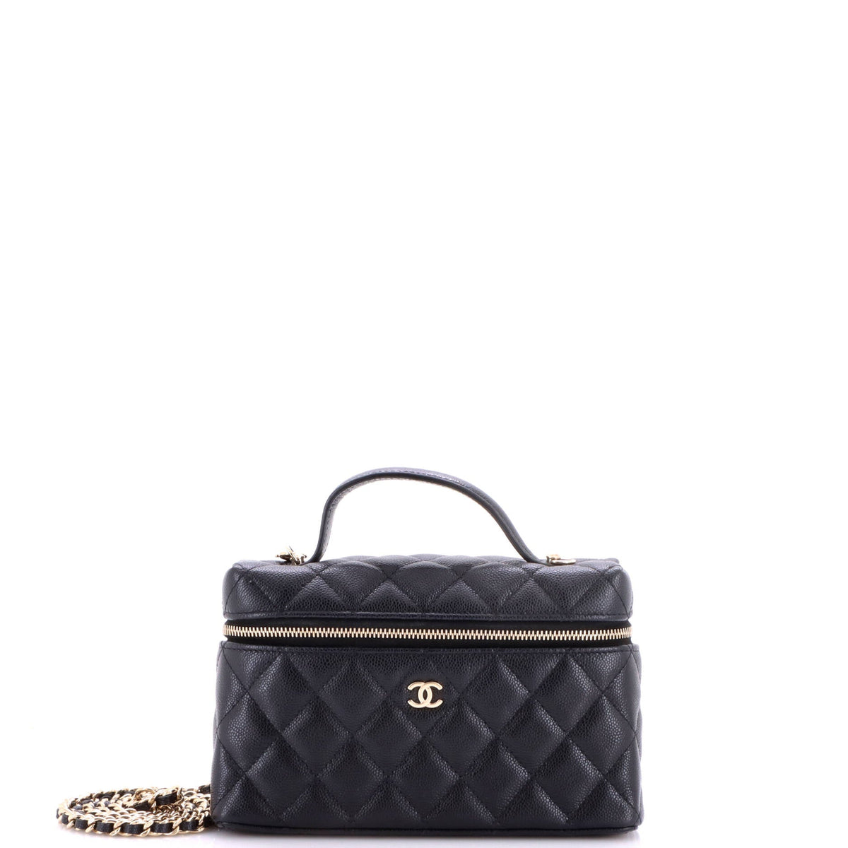 Chanel Classic Top Handle Slim Vanity Case with Chain Quilted Caviar Small