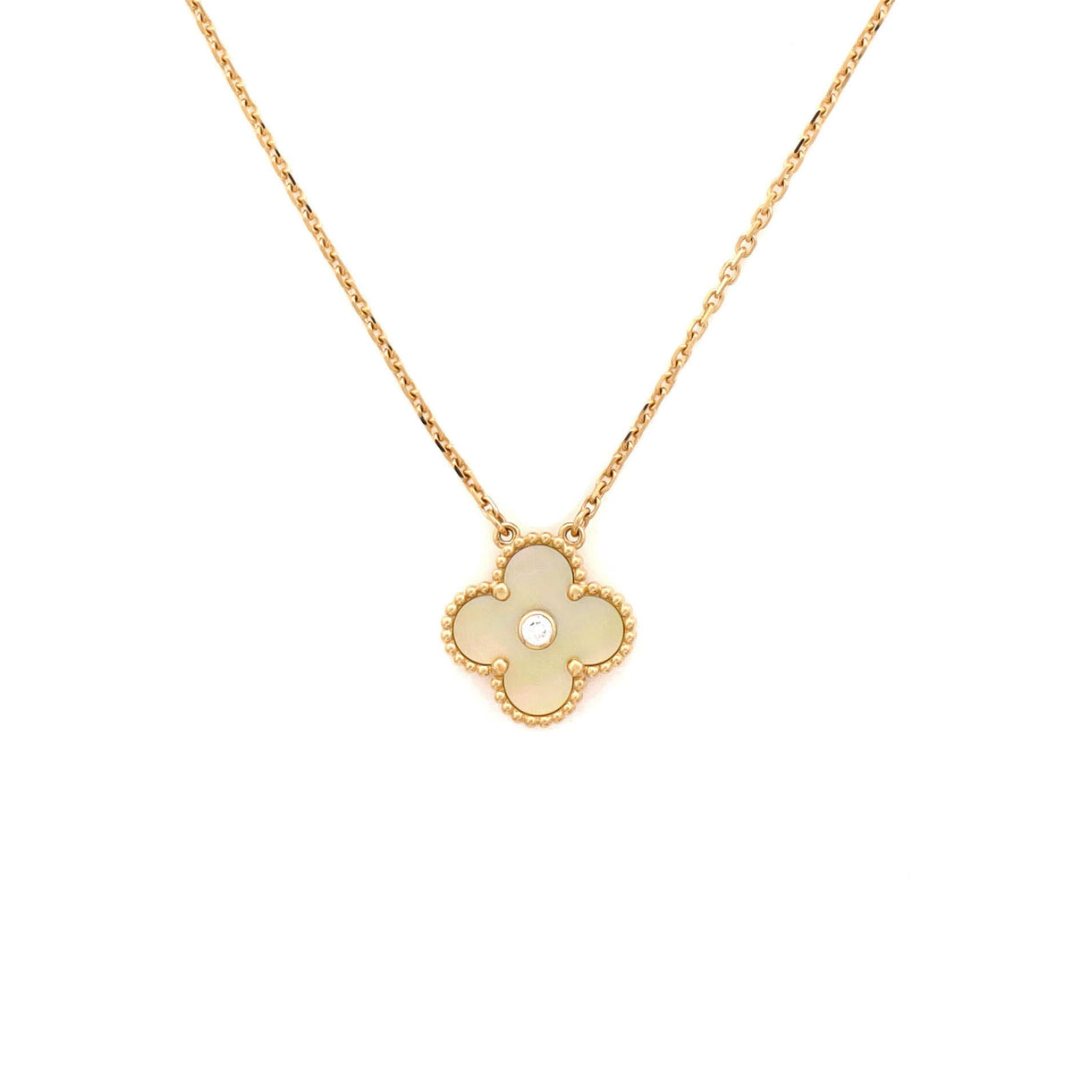 Van Cleef & Arpels Vintage Alhambra Pendant Necklace 18K Yellow Gold and Gold Mother of Pearl with Diamond