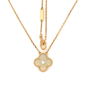 Van Cleef & Arpels Vintage Alhambra Pendant Necklace 18K Yellow Gold and Gold Mother of Pearl with Diamond - view 3