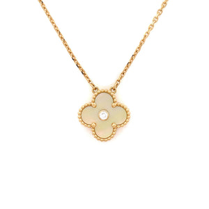 Van Cleef & Arpels Vintage Alhambra Pendant Necklace 18K Yellow Gold and Gold Mother of Pearl with Diamond - view 4