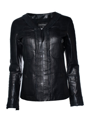 Chanel Women's Chanel black little 4 pocket ruched jacket in leather - view 1