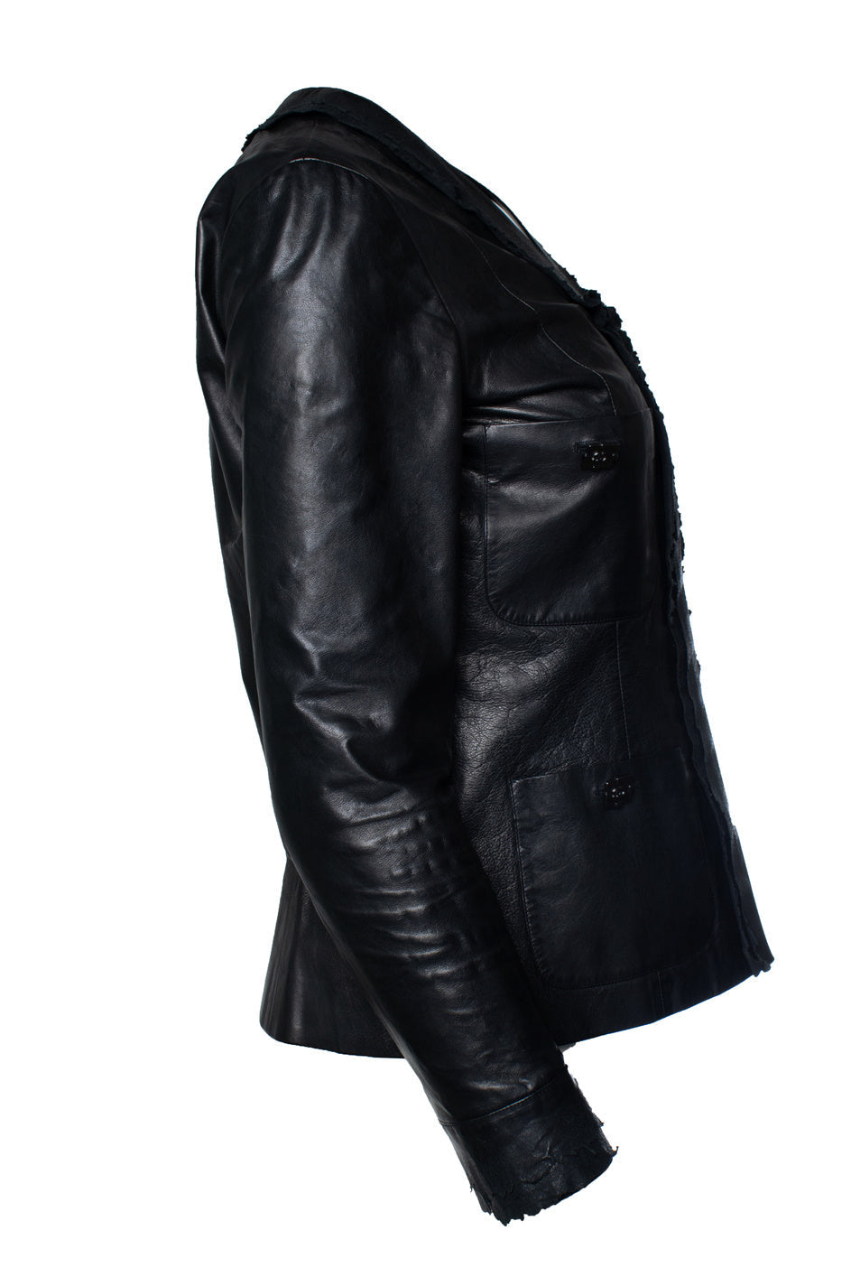Women's Chanel black little 4 pocket ruched jacket in leather