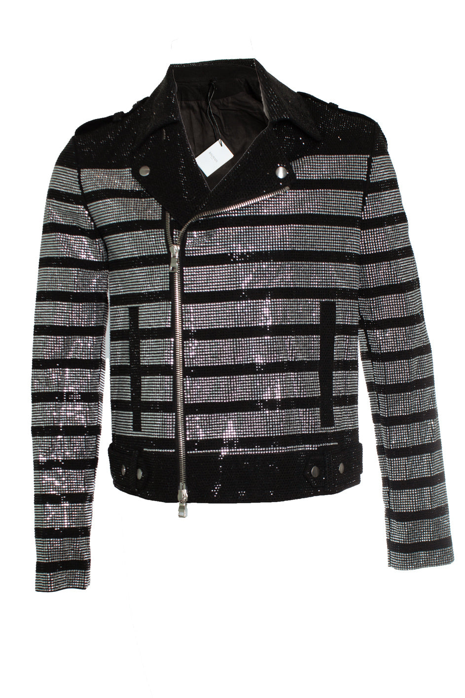Balmain Men's Balmain, striped rhinestone biker jacket