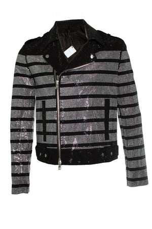 Balmain Men's Balmain, striped rhinestone biker jacket - view 1