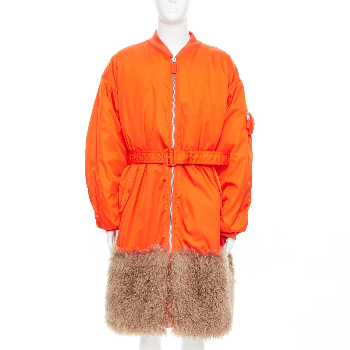 Prada Men's Prada Faux Fur Hem Belted Bomber Coat