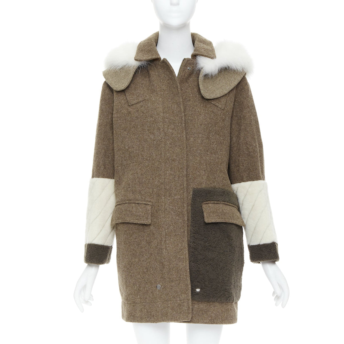 Women's Fendi Wool Patchwork Fur Hooded Parka