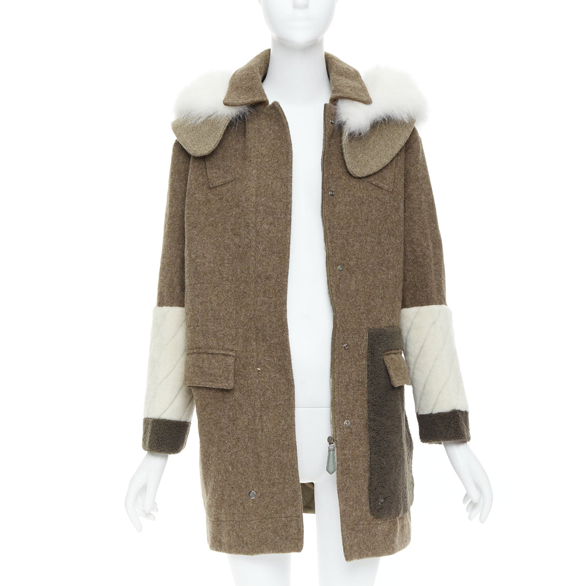 Women's Fendi Wool Patchwork Fur Hooded Parka