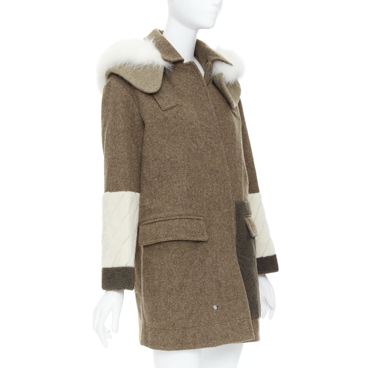 Women's Fendi Wool Patchwork Fur Hooded Parka