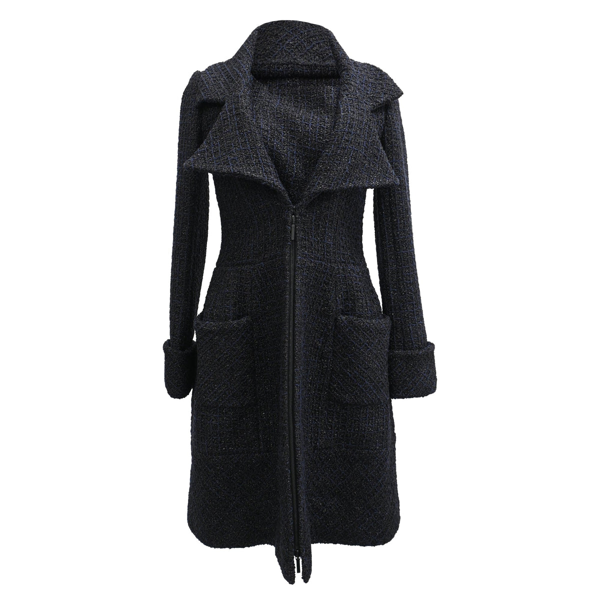 Women's  Chanel Zip-Up Tweed Coat with Pockets in Black Polyamide