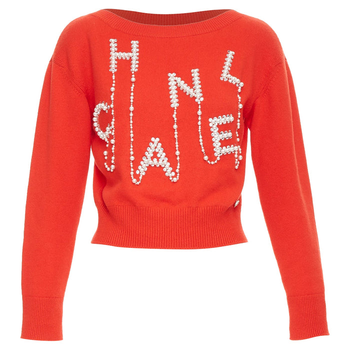 Chanel Women's Chanel cashmere pearl crystal beads spell out cropped sweater