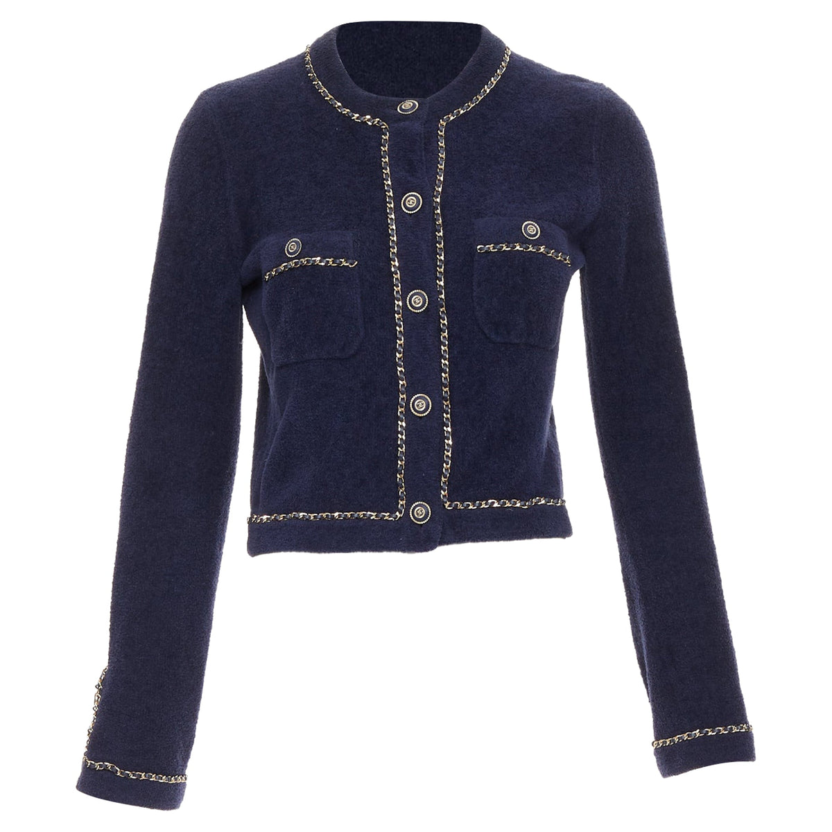 Women's Chanel navy cotton terry leather chain trim cropped cardigan