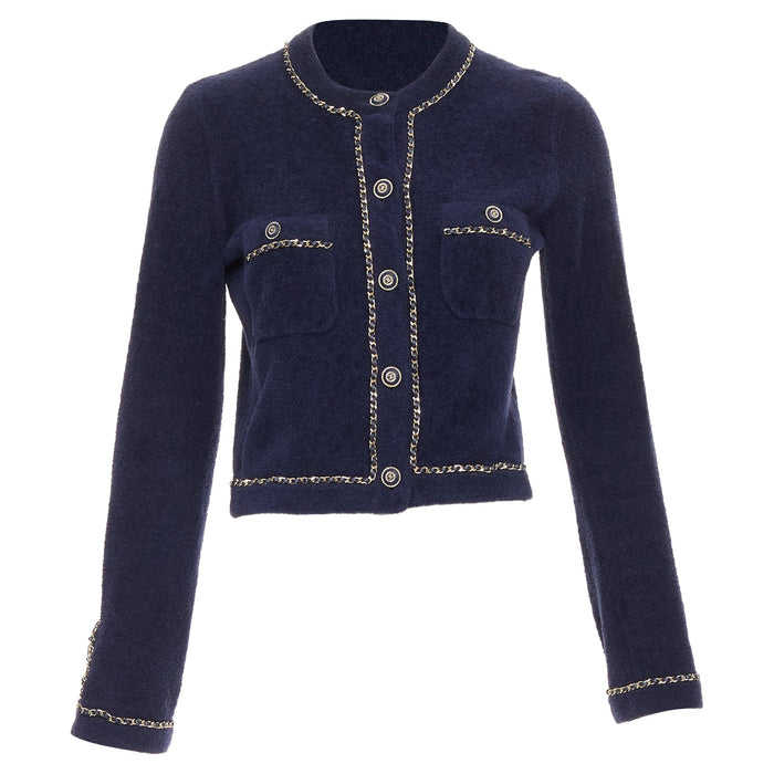 Chanel Women's Chanel navy cotton terry leather chain trim cropped cardigan