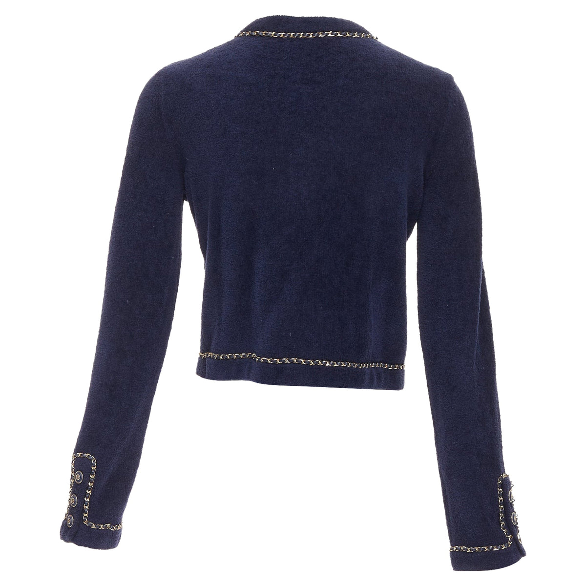 Women's Chanel navy cotton terry leather chain trim cropped cardigan